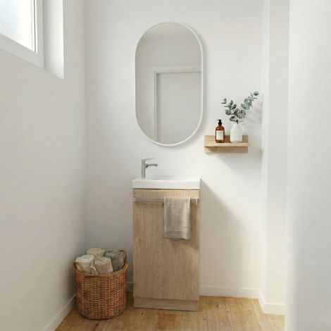 Mob-In – Meuble double vasque sur pieds – MDF finition mate chêne – Porte battante réversible – Espace de rangement avec étagères – Miroir ovale métal blanc
