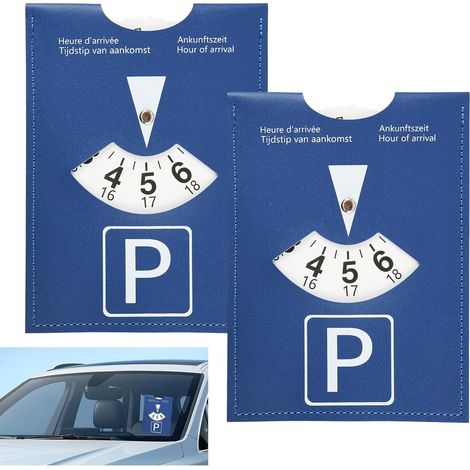 Ensemble de 2 disques de stationnement en cuir synthétique bleu - Dimensions pratiques de 11 x 15 cm, Impression multilingue en 4 langues - Accessoire essentiel pour véhicules dans zones bleues (1/5)