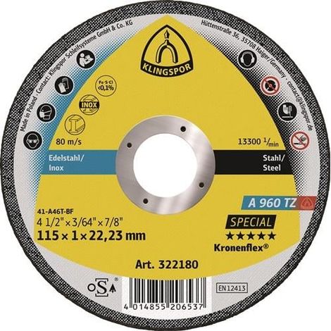 Disco da taglio A 960 TZ Special D115x1mm dritto INOX trapano 22,23mm KLINGSPOR (Per 25) (1/2)
