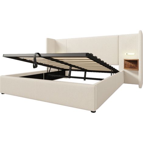 Cama canapé doble 160x200 de tela acanalada beige con mesita, lámpara y USB-C (1/5)