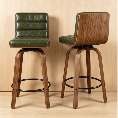 Sgabello da Bar Girevole in Ecopelle, Schienale Ergonomico, Poggiapiedi, Legno e Metallo, Verde (1/5)