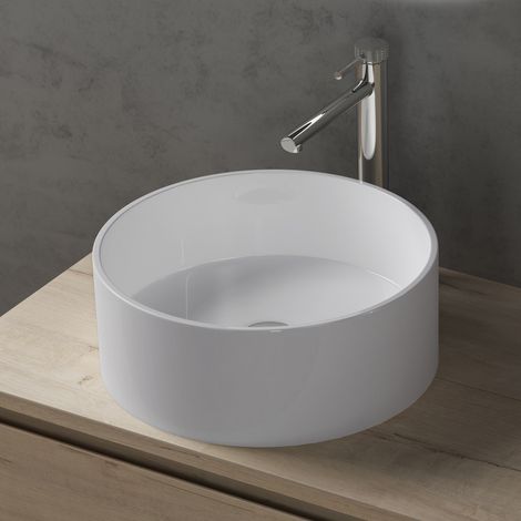 doporro Aufsatzwaschbecken rund Colossum804 Weiß glänzend Ø 40 cm Mineralguss Waschbecken ohne Armaturloch