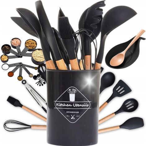 ACCESORIOS DE COCINA SILICONA MADERA Gran juego de 33 piezas cucharas medidoras esp谩tulas