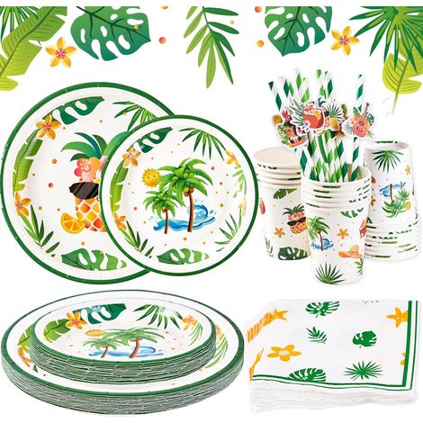 Décoration de Fête d'anniversaire Hawaï Fourniture de Fête Tropical Set de Vaisselle Jetable Thème Hawaïen Assiette, Serviette, Paille en Papier Servir 16 pour Été Plage (1/5)