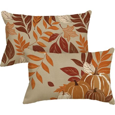 Lot 2 Housses de Coussin Automne Feuilles Citrouilles 30x50cm (1/5)