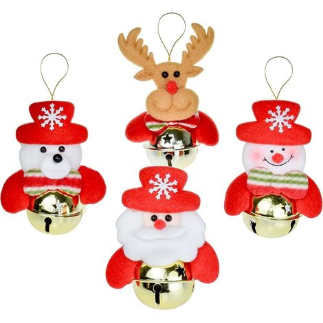 Guirlande De Décoration De Noël - Pendentif En Tissu Brossé - Santa Bonhomme De Neige Renne Ours Avec Clochettes - Lot De 4 (1/5)