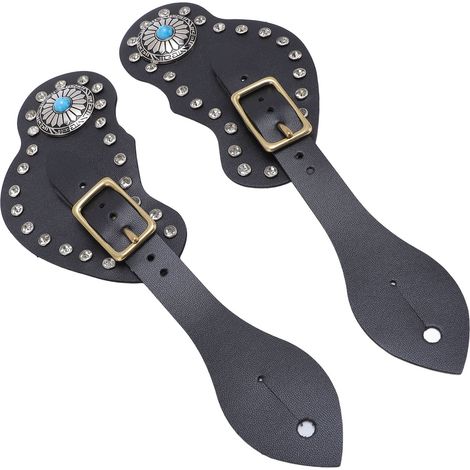 Lot de 2 courroies d'éperon en simili cuir nappa avec strass, attaches éperons réglables style cowboy noires (1/5)