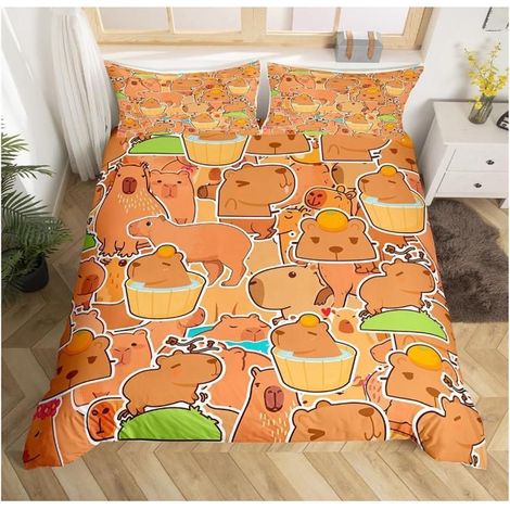 Capybara Housse de Couette 140x200cm Cadeaux Literie Set Amants d'animaux de Capybara Modèle Orange Marron Literie Set - QHP (1/4)
