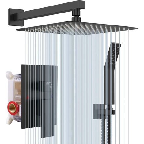 Colonne de douche encastrée avec pommeau carré 30 x 30 cm – Acier inoxydable noir – Mitigeur intégré – 3 modes d'eau (1/5)