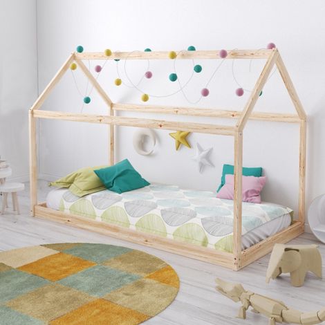 Hüttenbett PANDA 90x200 cm + 1 Bettkasten / Naturfarben / 205x97x135 cm
