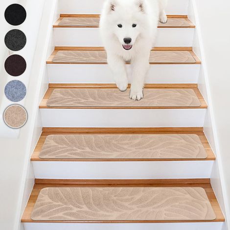 Tapis d'Escalier Antidérapant, Lot de 15 Marchettes d'Escalier Intérieur, Moquette Escalier Réutilisable pour Protéger Animaux, Seniors, Enfants (Feuille de Bananier-Beige, 65x20 cm) (1/5)