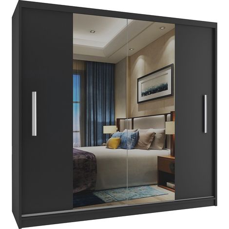 BELINI Grande Armoire 2 Portes Coulissantes VERONA ME 200 cm - Miroir Intégré & Tringle - Chambre Adulte - Noir Mat (1/5)