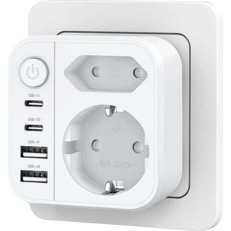 Multiple 6-en-1, Multiprise avec 2 Ports USB A & USB C, Prise Murale avec Interrupteur (4000W/16A), Double Prise pour Maison/Bureau/Voyage
