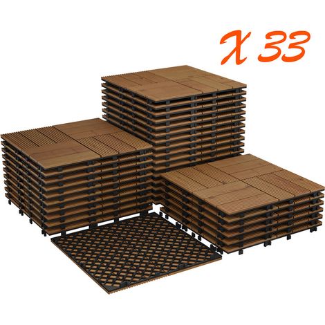 HAUSPROFI Dalles de Terrasse Clipsables Acacia Massif 30x30cm, Lot de 33 (2,97 m²), Bois Dur Résistant aux Intempéries, Système de Drainage & Base Renforcée, Montage Sans Outils, Usage Extérieur, Brau (1/5)
