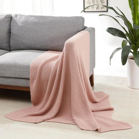 Gestrickte Tagesdecke für Schlafzimmer, Sofadecke, 127 x 152 cm, Rosagrau