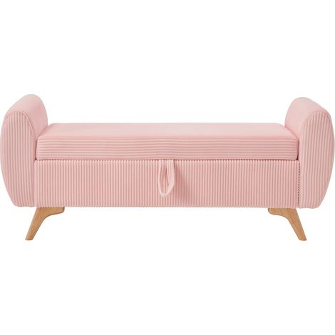 Banco de almacenaje plegable de pana rosa con patas de madera, 145 x 51 x 57 cm (1/5)