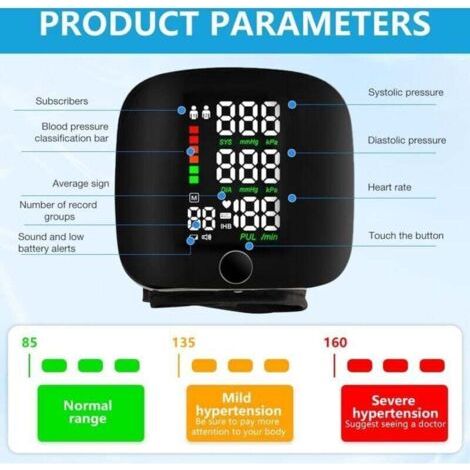 Tensiomètre de poignet - Tensiomètre numérique avec affichage LED - Brassard ajustable (13,5 cm - 19,5 cm), 2 mémoires utilisateur - 99 x 2 mesures (1/3)