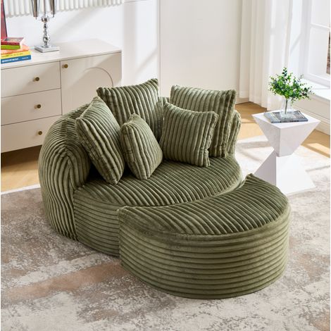 Sillón redondo con reposapiés, 5 cojines, tejido chenilla verde esmeralda DESVIAE (1/5)