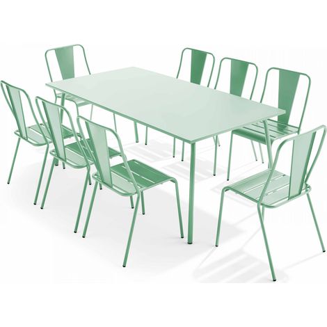 Ensemble table de jardin et 8 chaises bistrot en acier vert sauge - Palavas
