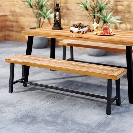 Banc de jardin sans dossier 3 places 63 pouces, bois d'acacia et métal, lot de 2 pour patio ou entrée (1/5)