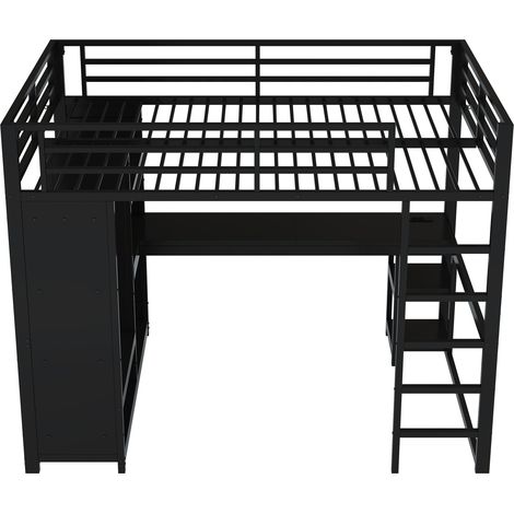 Cama alta metálica 140x200 con LED, escritorio, armario abierto y almacenaje negro HOMVRA (1/5)