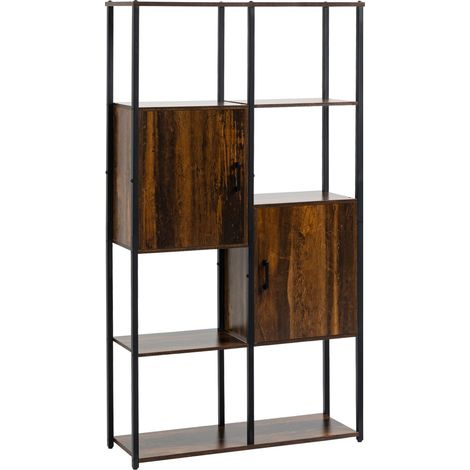 Bibliothèque Industrielle 4 étagères 2 armoires, Noir Marron, 90x30x159.5cm