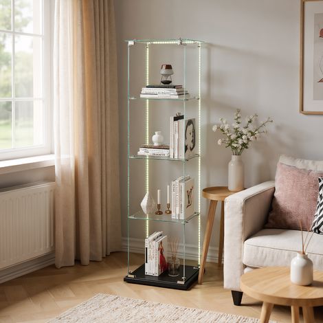Meuble Vitrines avec Éclairage LED, Vitrine en Verre avec 2 porte et 4 étagères, moderne Vitrine Salon, pour chambre, salon et salle à manger, 39 x 35 x 163 cm, Noir (1/5)