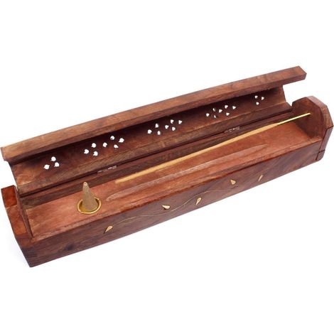 Boîte à encens - 1 unité - Bois de sheesham et laiton - Rangement bâtonnets et cônes - Décoration intérieur - 30,5 cm (1/5)