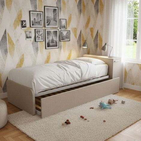 Letto singolo con secondo letto estraibile e testata testiera contenitiva - 80x190 - Effetto tessuto