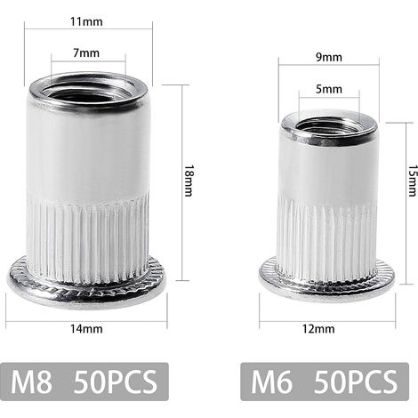 Lot de 100 - Rivet Ecrou M6 M8 - Écrous À Rivets En Acier Inox - Tête Plate Ecrou Insert Assortiment Kit Pour Bois Meubles (1/5)