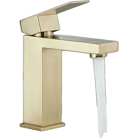 Robinet de lavabo de salle de bain, monté sur le plan de travail, en acier inoxydable durable, Or brossé court (1/2)