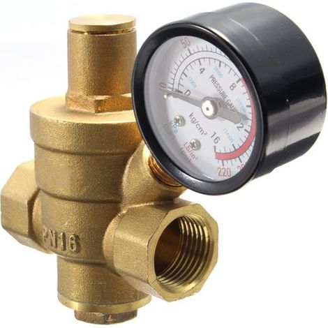 1 régulateur de pression en laiton, DN20 avec manomètre intégré, régulateur d'eau réglable 0-16 bars, pour systèmes hydrauliques domestiques (1/5)