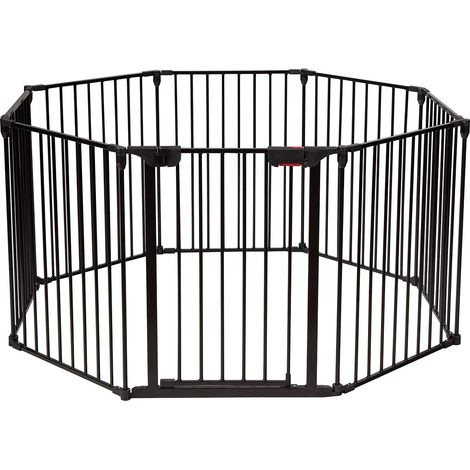 COSTWAY Baby Kaminschutzgitter klappbar, Laufgitter mit Sicherheitstuer, Ofenschutzgitter inkl. Wandhalterung, Konfigurationsgitter aus Metall, Absperrgitter Schwarz, 8 Elemente (1/5)