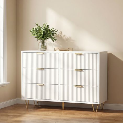 Commode 6 tiroirs blanche, avec poignées et pieds dorés – Dimensions 100 x 34 x 73 cm, meuble de rangement moderne pour chambre/salon