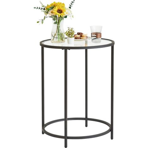 Coffee Table, Round Side Table, Tempered Glass Top, Metal Frame, Sofa End, Console Table, Bedside Table, for Living Room, Balcony, 50 x 50 x 65 cm, Black (1/5)