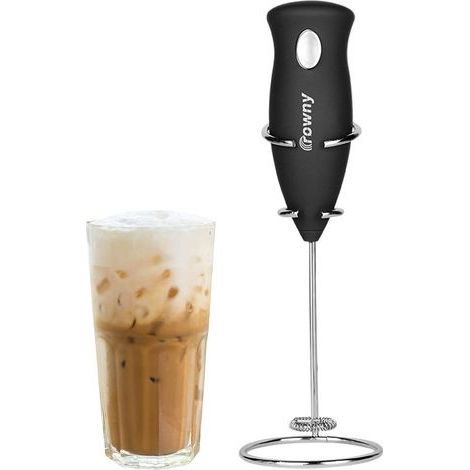Portable AA electric milk frother, coffee mixer with whisk and stand, black stainless steel (1/4)