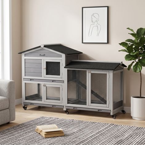 Clapier bois lapins villa sur roulettes 2 étages gris pratique (1/5)