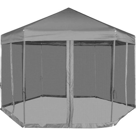 Gazebo Chiosco Esagonale Pop-Up con 6 Pareti Grigio 3,6x3,1 m (1/3)