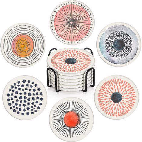 Juego de posavasos para bebidas de 6 piezas, posavasos de cerámica absorbentes con grafitis redondos retro simples, perfectos para regalar en decoración de habitaciones o bares. (1/5)