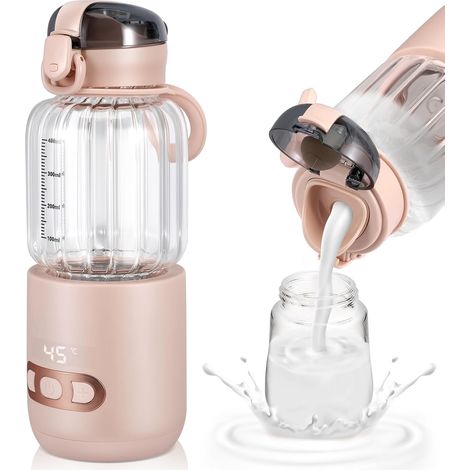 Chauffe Biberon Nomade, Chauffe Eau Portable Voiture 400ml, Chauffe-plats pour Bébé Visuel avec Contrôle de Température pour Voyages Extérieur, Température Réglable de 37°C à 55°C(Rose) (1/5)