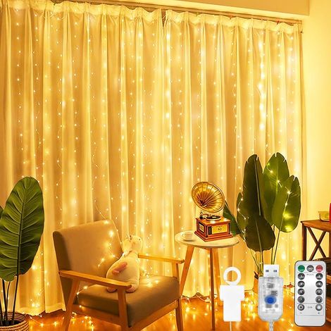 Guirlande lumineuse rideau d'intérieur CNMTCCO 2x2m, 200 LED blanc chaud, alimentation USB, 8 modes de gradation réglables, guirlande LED décorative pour chambre, balcon, fenêtre, fête, Noël (1/5)