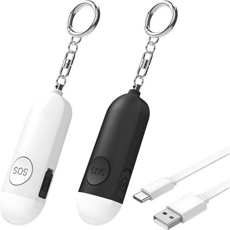 Alarme de sécurité personnelle rechargeable USB (lot de 2) avec lampe stroboscopique et mousqueton, SOS d'autodéfen - alarme anti-agression (1/5)