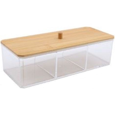 Trade Shop - Contenedor De Organizador Para 3 Cosméticos De Compartimento Transparente Con Tapa De Madera 10827 -