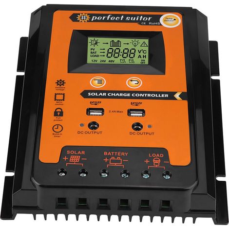 Régulateur de charge solaire 12V/24V 70A PWM/MPPT version courte pour panneau photovoltaïque et batterie, 2 ports USB, écran LCD (1/5)