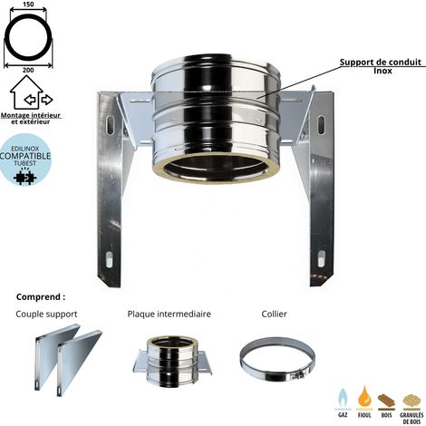 Support mural inox conduit double paroi isolé Edilinox - Diamètre 200 mm
