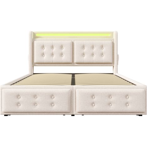 Letto contenitore 180x200 con testiera LED e USB-C, 4 cassetti, beige (1/5)