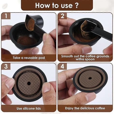 Lot de 4 capsules de café réutilisables VertuoPods pour machine à café, avec 2 couvercles en silicone, une cuillère et un goupillon. Capsules rechargeables - FFY (1/4)