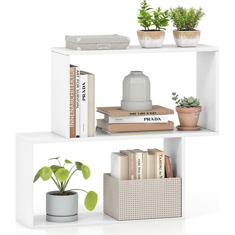 Bibliothèque Géométrique à 3 Niveaux, Bibliothèque en Bois Autoportante avec 2 Compartiments Cubiques, Étagère de Rangement Ouverte, Blanc