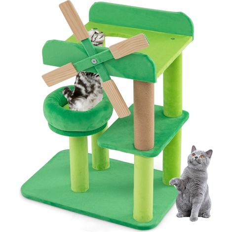 Albero per gatti da 60cm con mulino a vento e imbottitura rotonda, Torre per gatti a più livelli con tiragraffi (1/4)