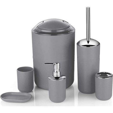 Bardusch-Ensemble accessoires salle de bain moderne gris, 6 pièces, bouteilles lotion, porte-savon.